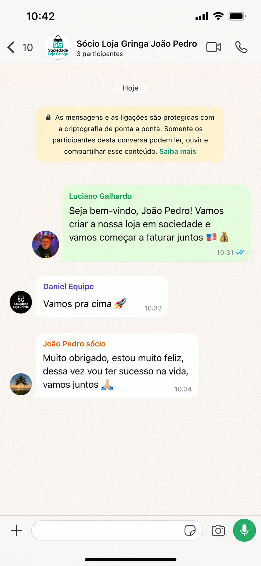 Chat do grupo de sócios no WhatsApp